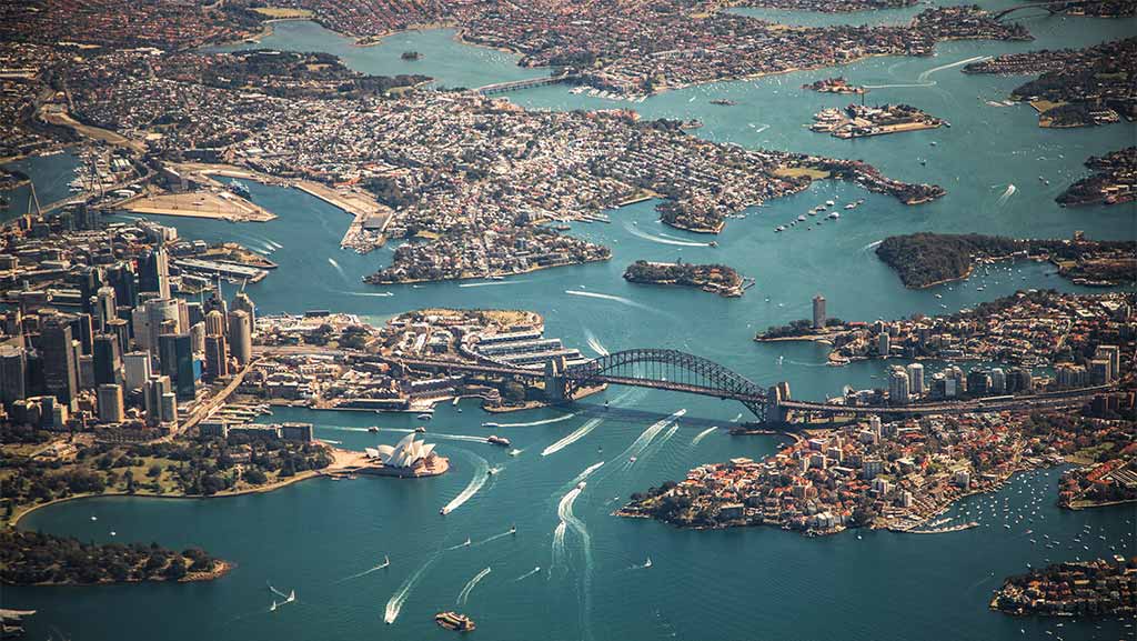 aerial view of sydney the opera house and the harbour bridge